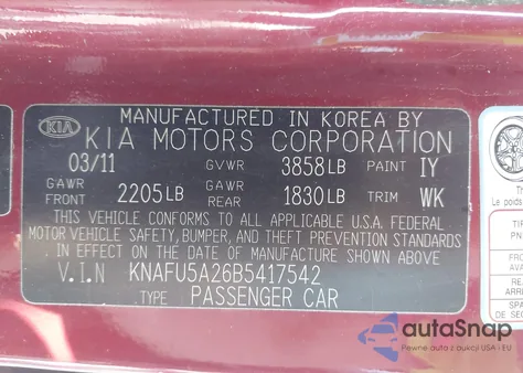 2011 Kia Forte Ex z USA, uszkodzony, nr VIN KNAFU5A26B5417542